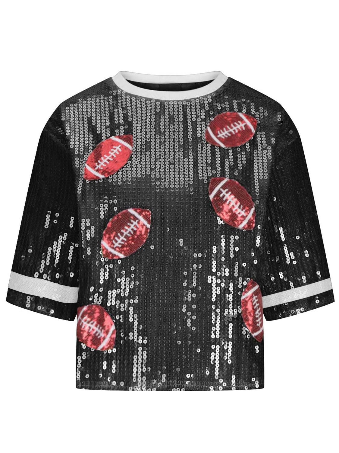 A Sequin Football Round Neck Half Sleeve Top