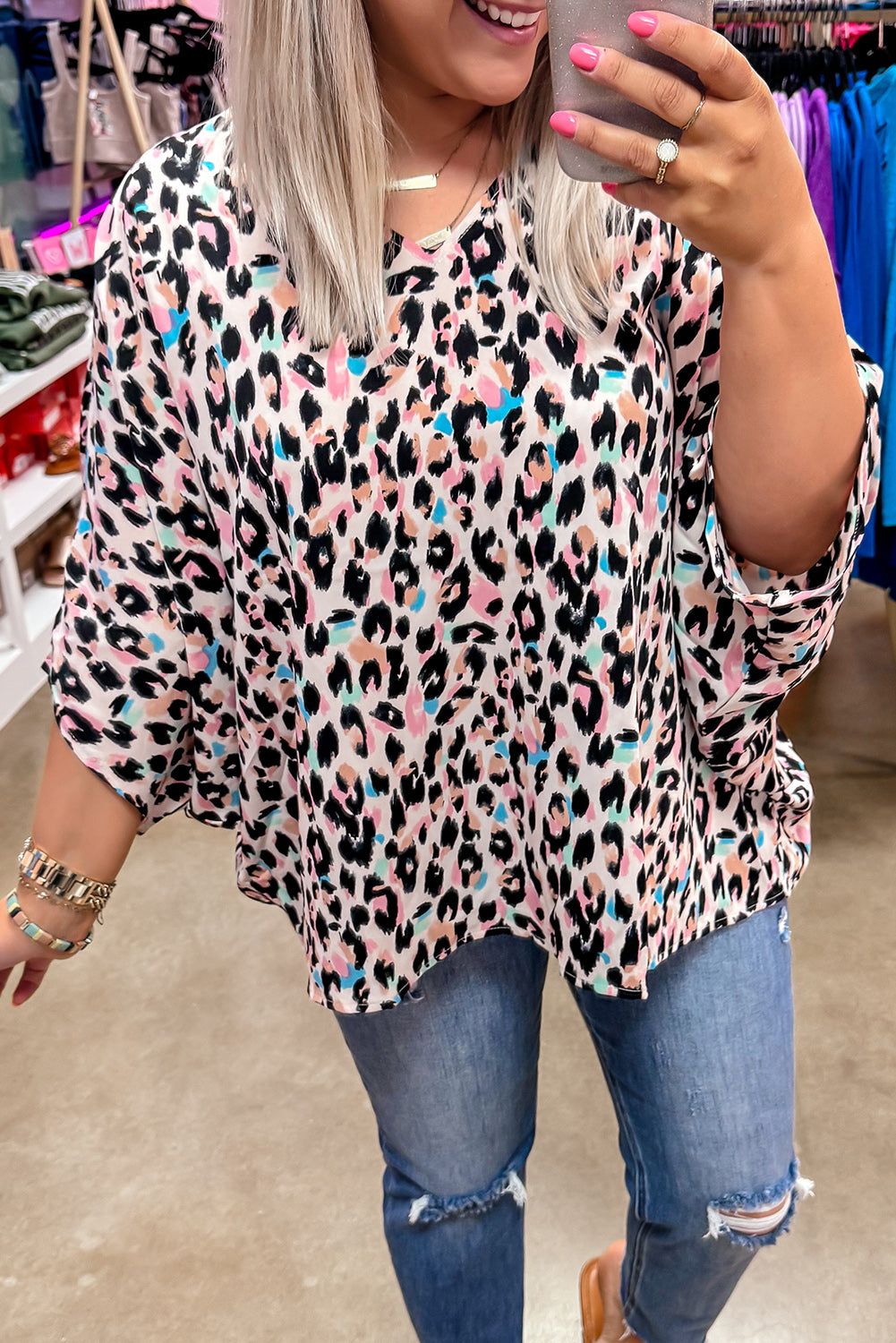 Brown Leopard Print V Neck Plus Size Batwing Top