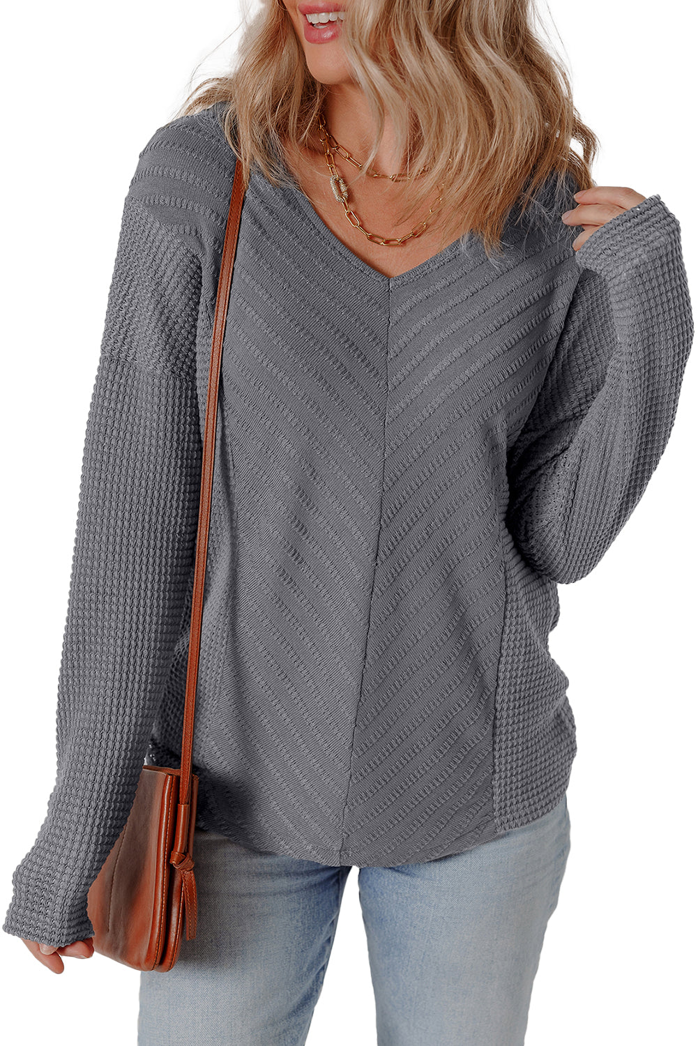 Sleet V Neck Chevron Texture Patchwork Long Sleeve Top