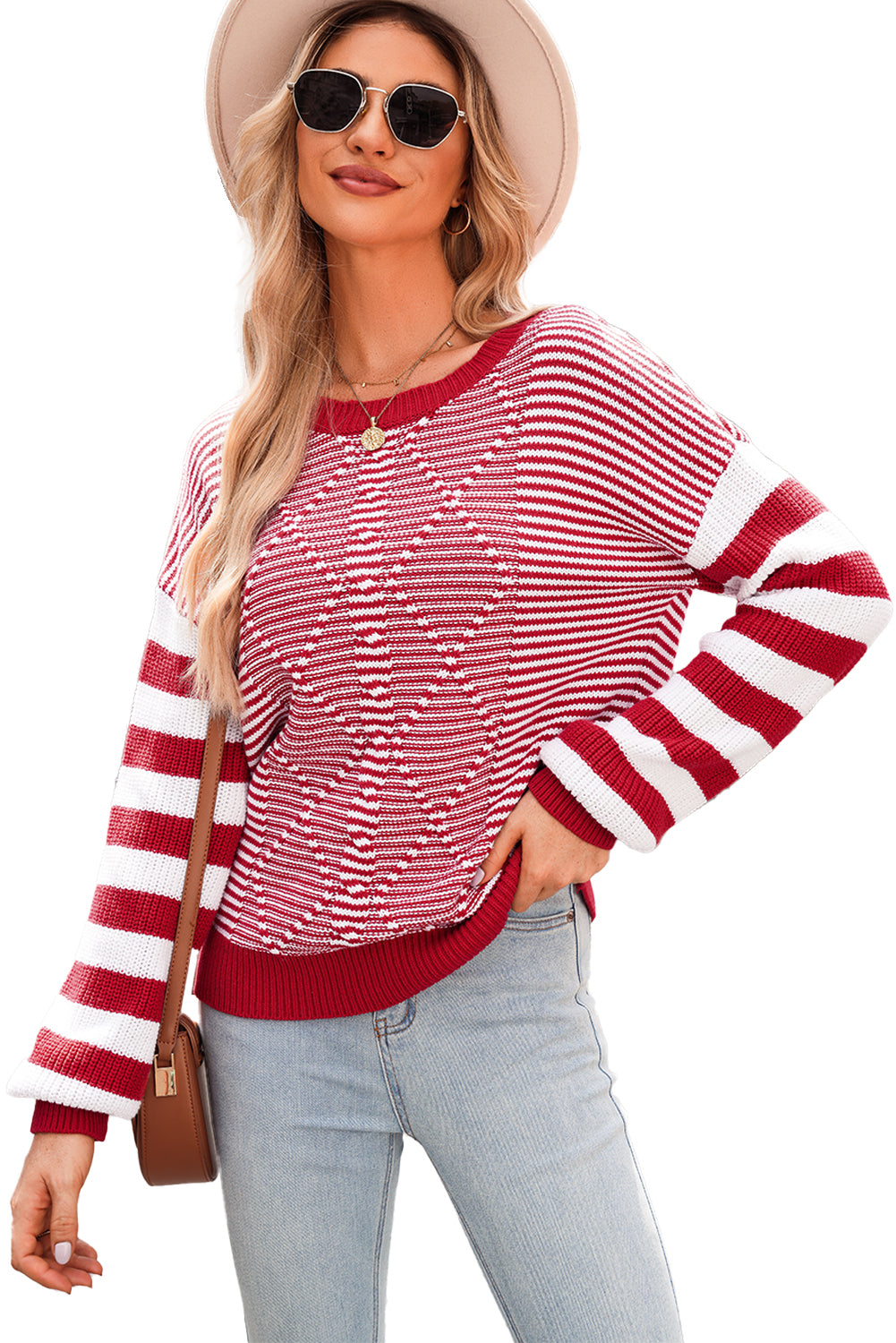 Red and White Stripe Twisted Knitted Drop Shoulder Sweater