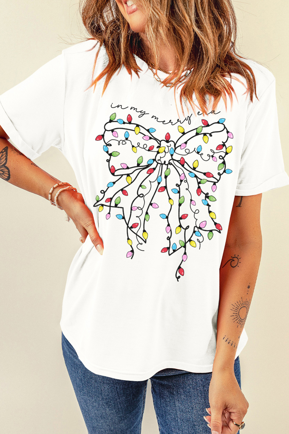 White Colorful Lights Bowknot Graphic T Shirt