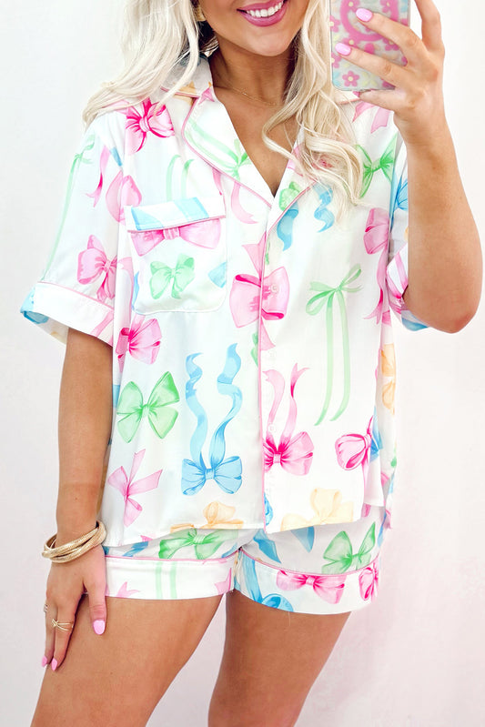 White Bowknot Print Buttoned Shirt and Shorts Pajama Set