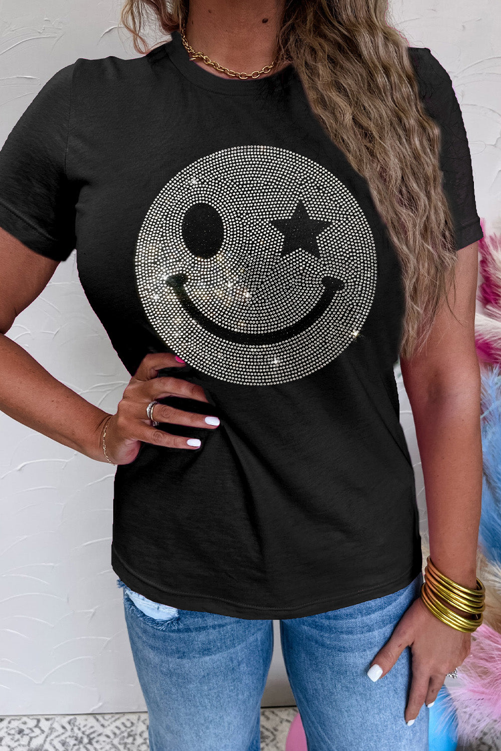 Black Sparkle Rhinestone Smiley Face Graphic T Shirt