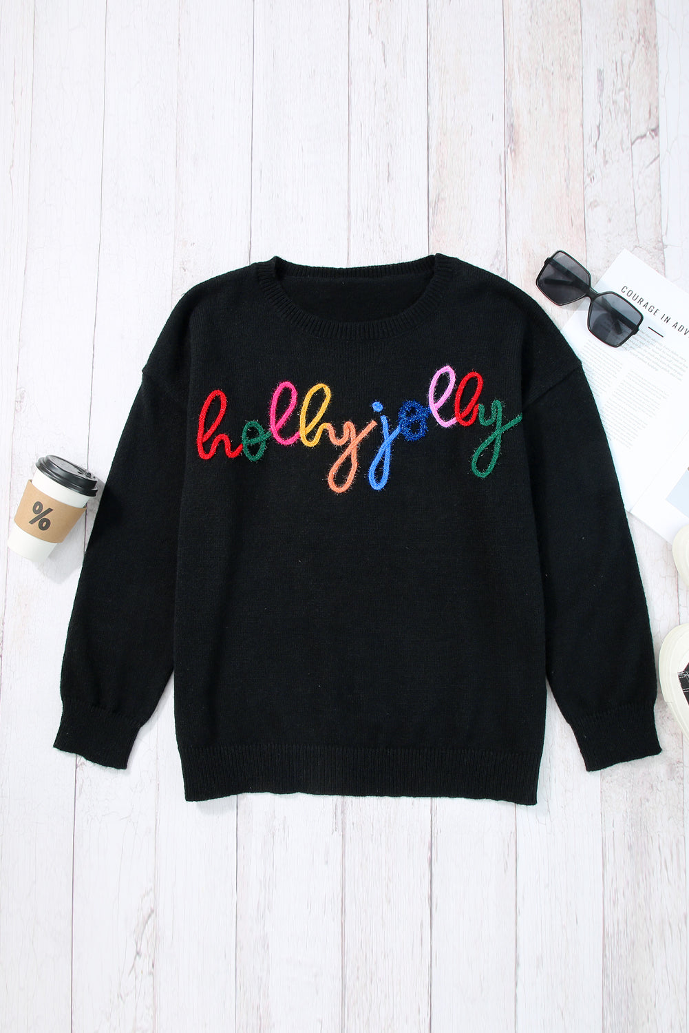 A Black Tinsel Holly Jolly Round Neck Knit Sweater