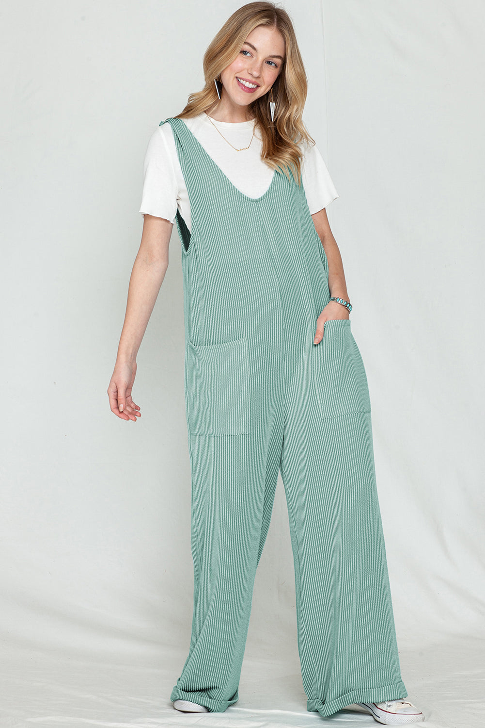 Green Pockets Oversized Ribbed Wide Leg Jumpsuit