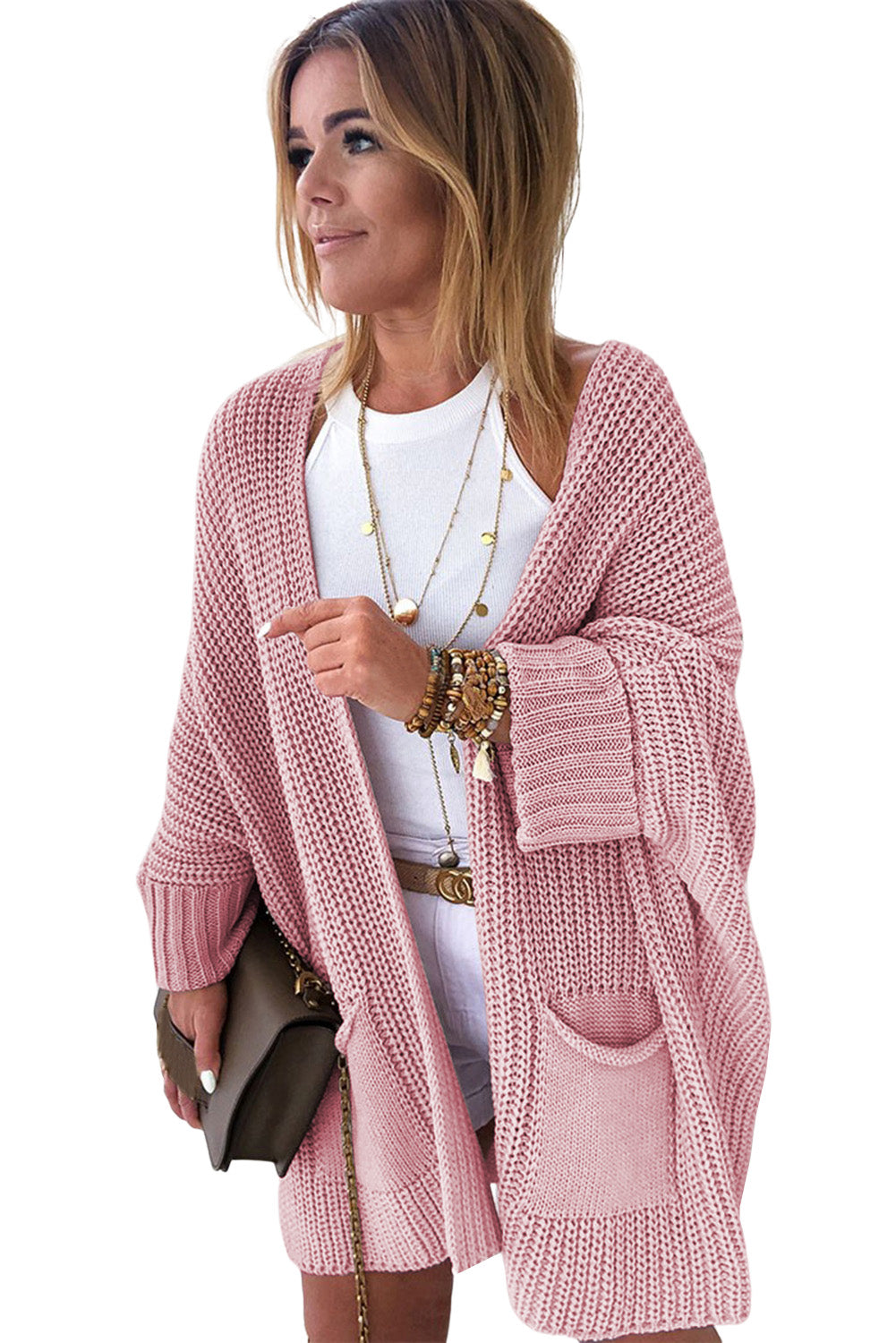 Pink Batwing Sleeve Pocket Oversized Cable Knit Cardigan