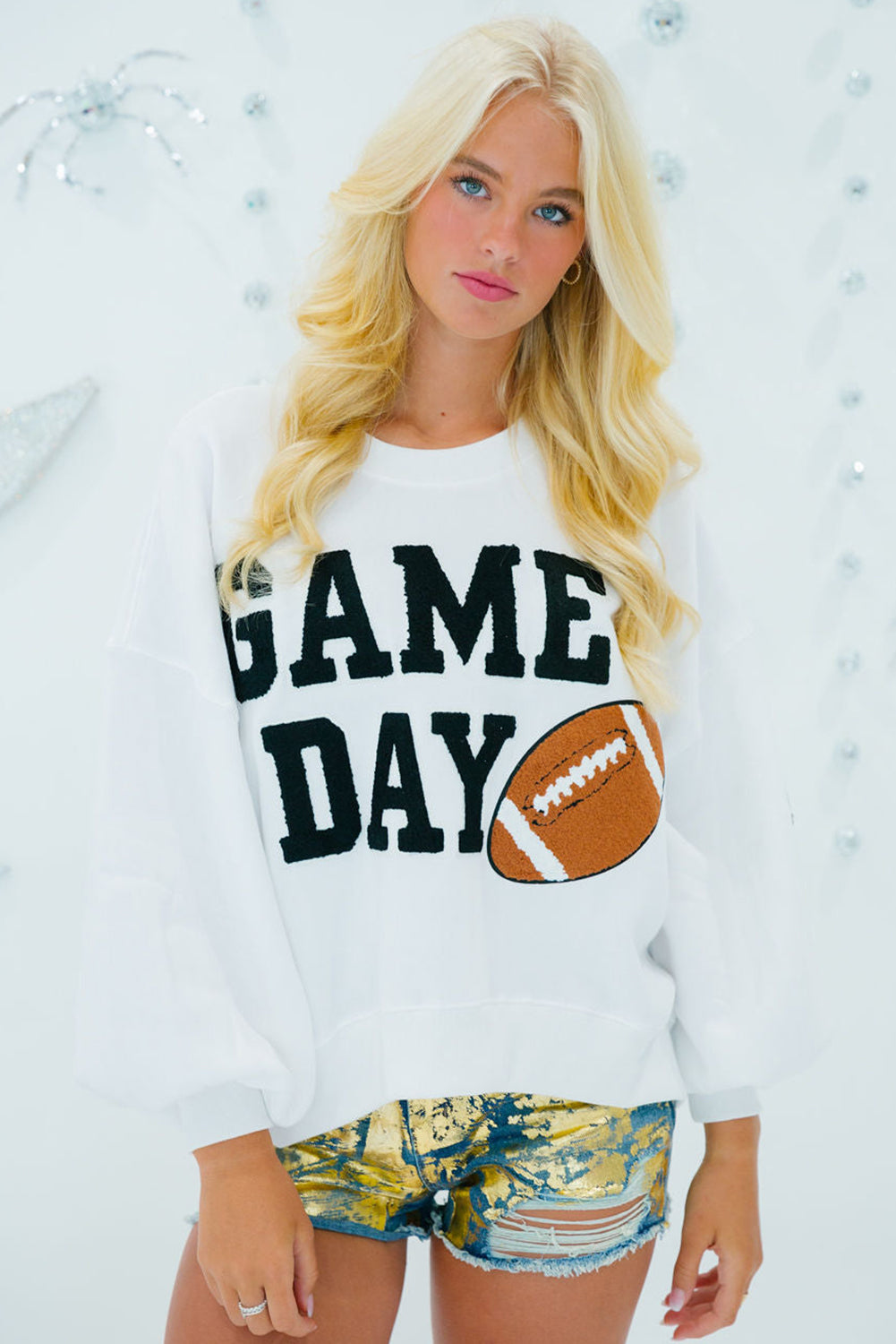 White GAME DAY Football Graphic Varsity Pullover Sweatshirt