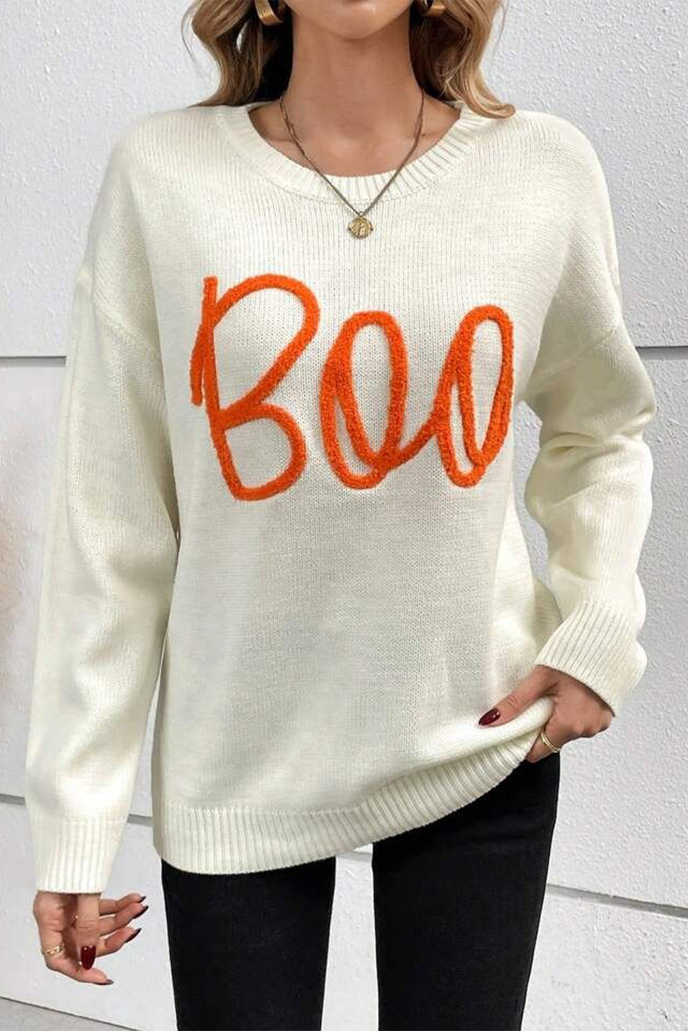 Halloween Boo Drop Shoulder Knit Sweater