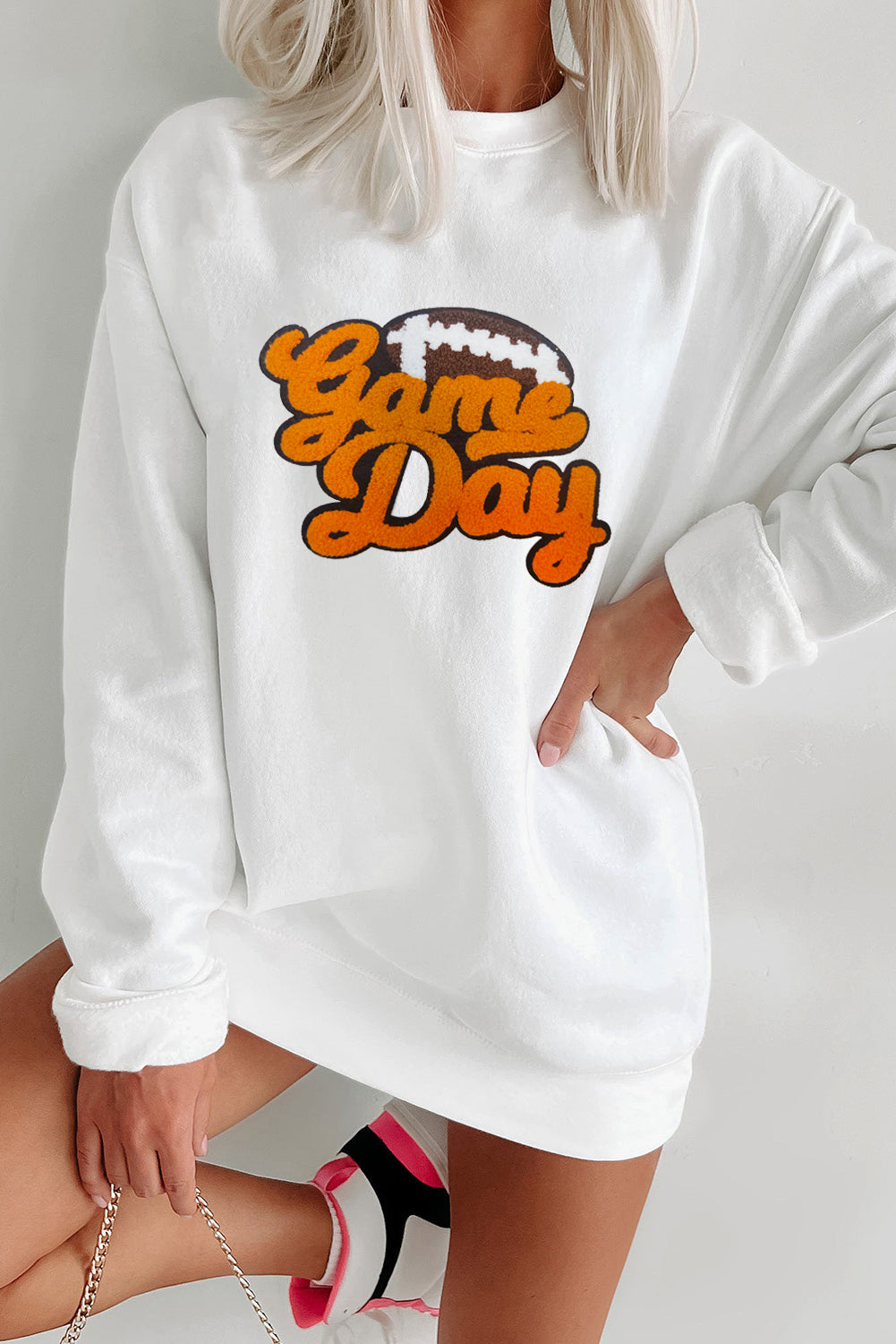 White Chenille Game Day Football Pattern Pullover Sweatshirt