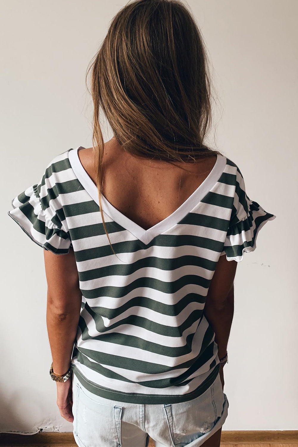 Black Striped V Neck Ruffle Sleeve Top