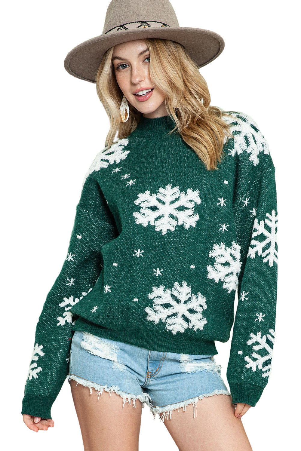 Green Christmas Snowflake Mock Neck Sweater