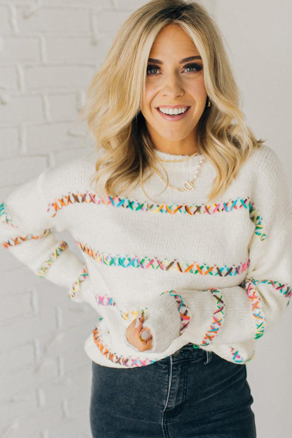 White Colorful Cross Stitch Drop Shoulder Sweater