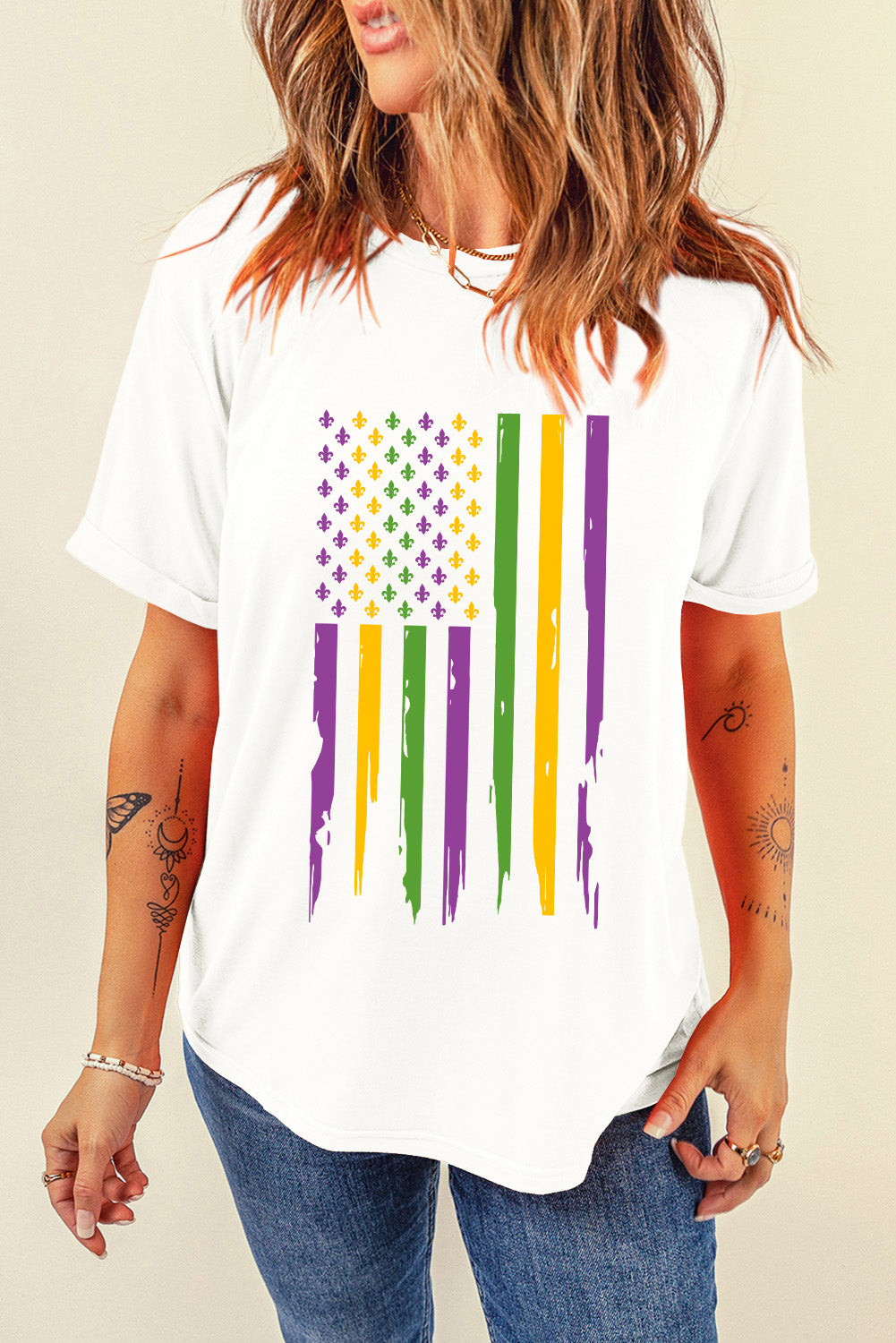 White Mardi Gras USA Flag Print Graphic Crewneck Tee