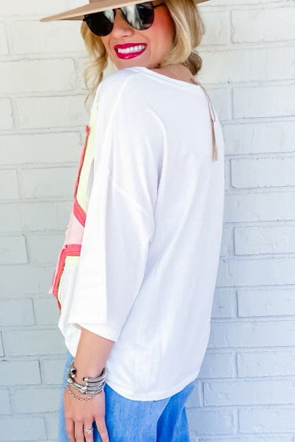 Moonlight Jade Colorblock Star Patched Half Sleeve Oversized Tee