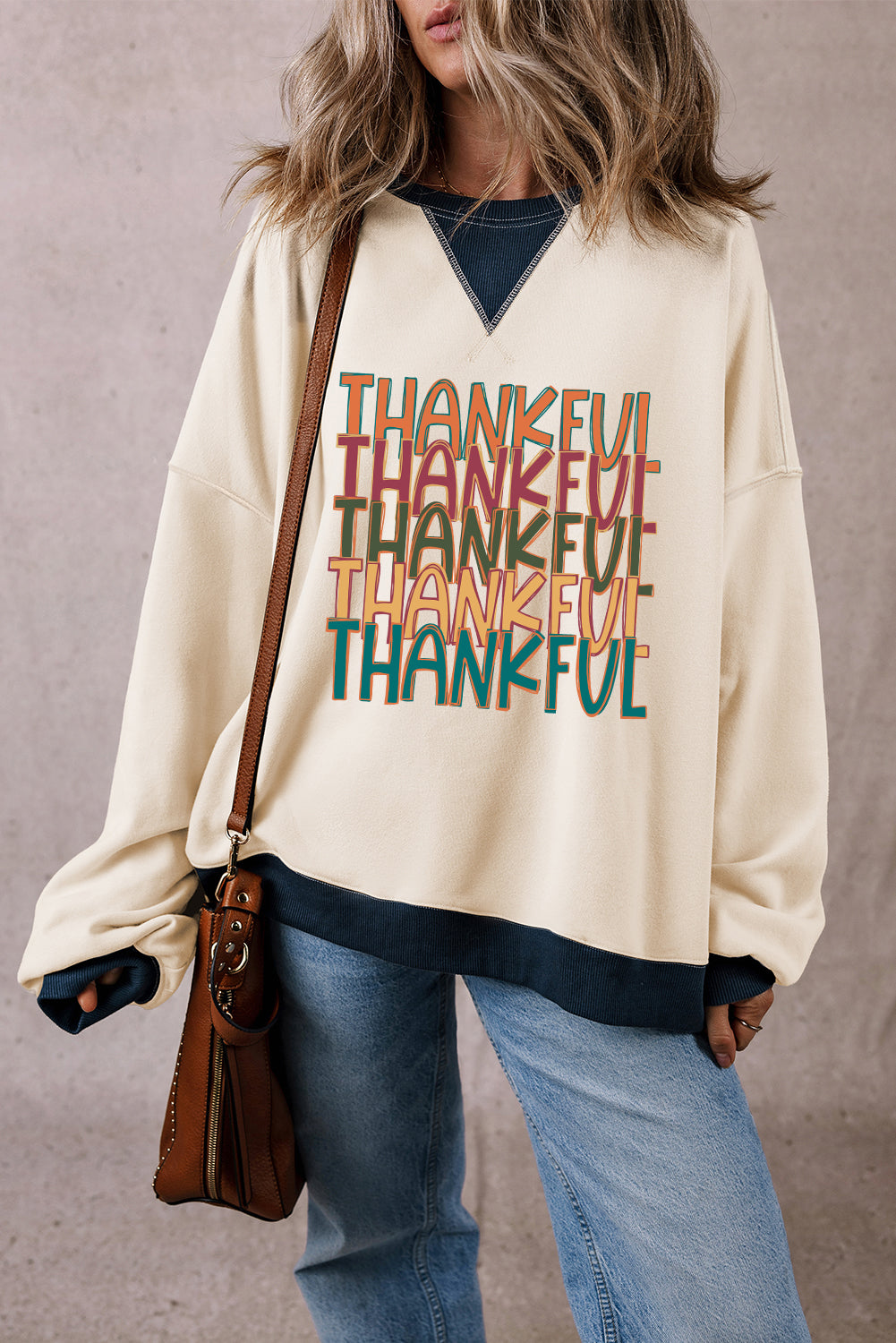 White THANKFUL Colorblock Edge Thanksgiving Graphic Sweatshirt