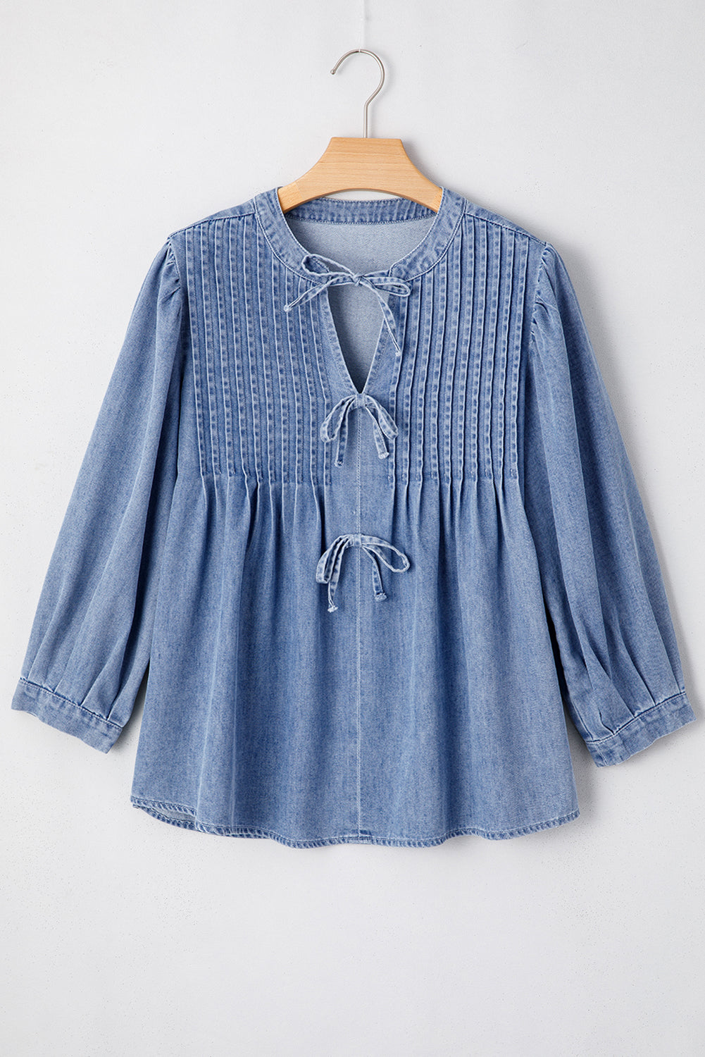 Myosotis Denim Bow Tie Pleated Puff Sleeve Top