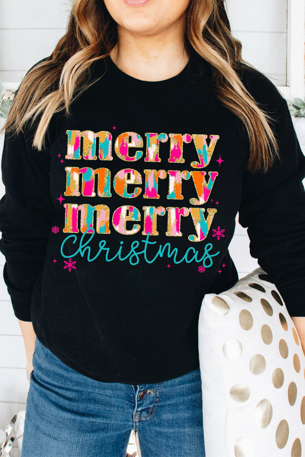 Black Merry Christmas Painted Crew Neck Graphic Sweatshirt