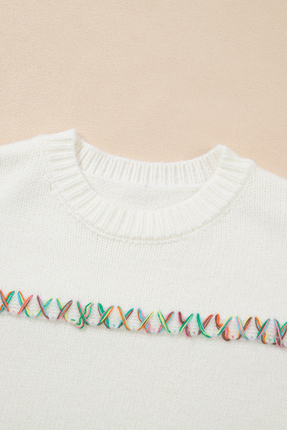 White Colorful Cross Stitch Drop Shoulder Sweater