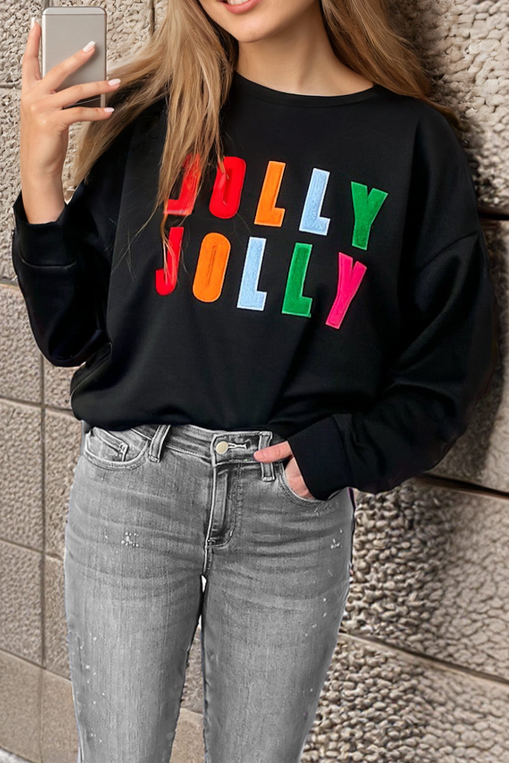 Bonbon Chenille Holly Jolly Graphic Christmas Long Sleeve Sweatshirt