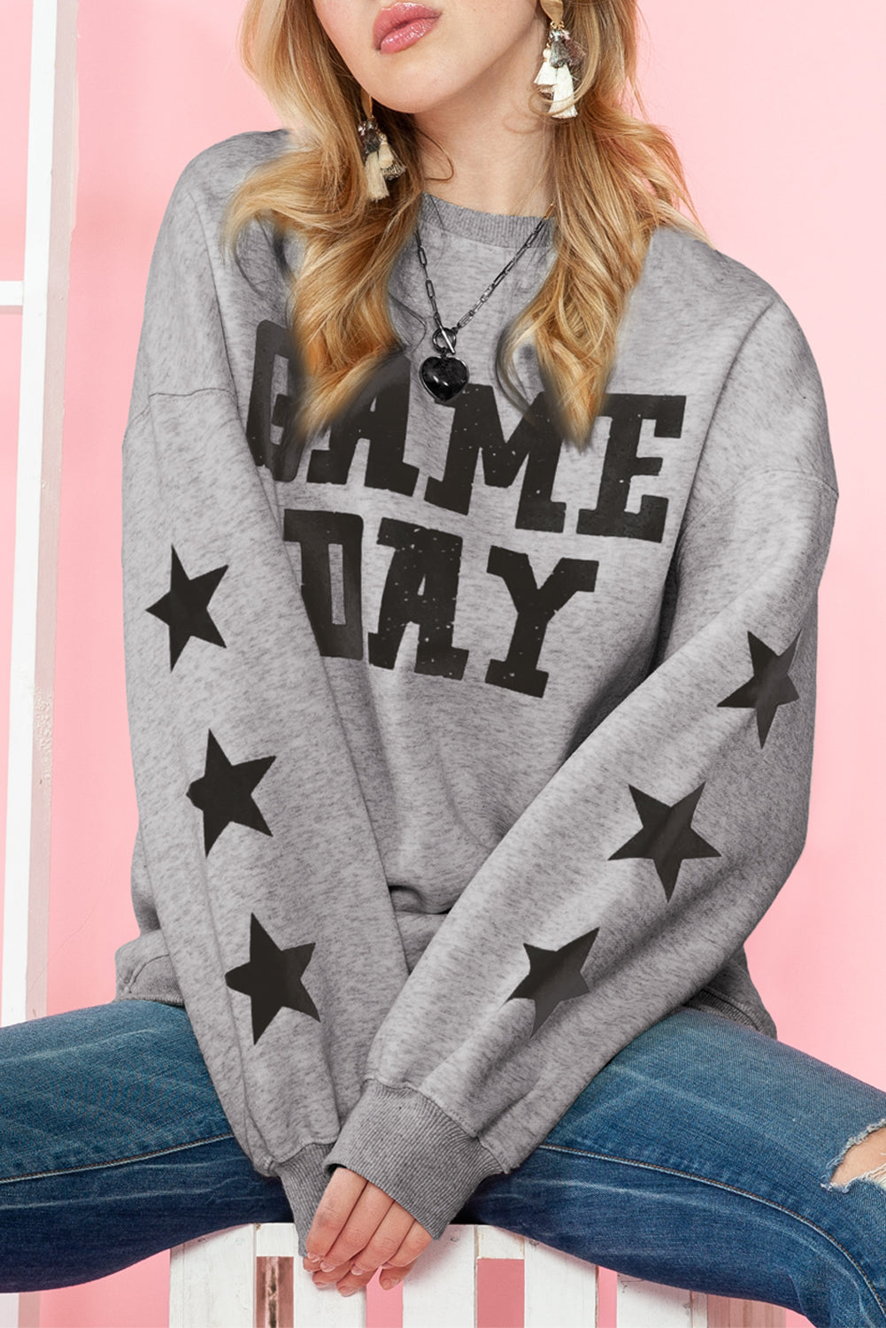 Orange Lettering Game Day Print Star Sleeve Sweatshirt