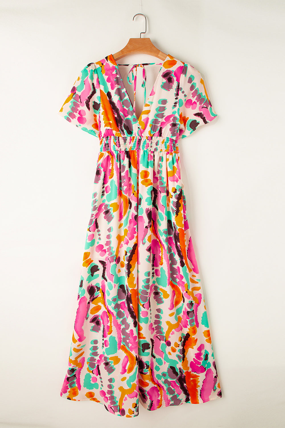 Pink Boho Tie Dye Print V Neck Side Split Maxi Dress