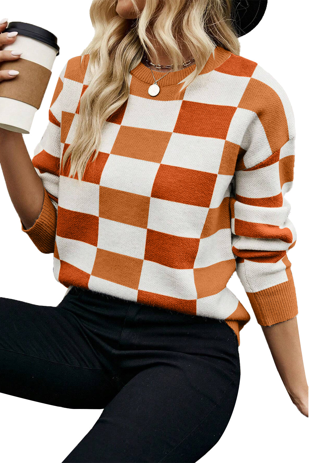 Pink Checkered Crew Neck Drop Shoulder Knit Sweater