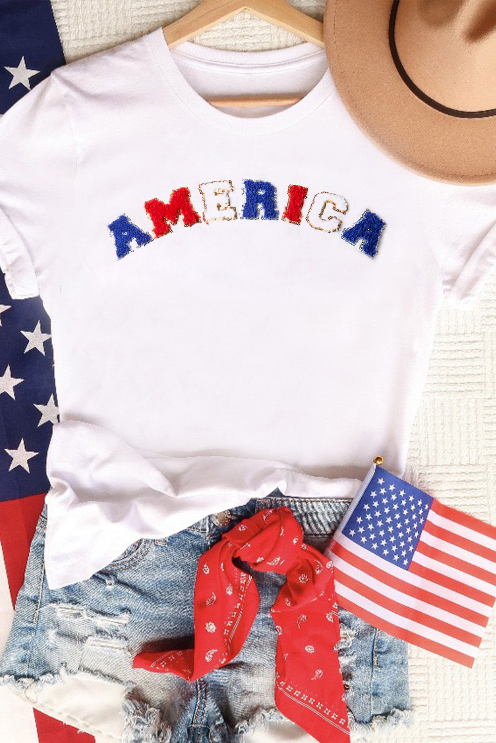 White Chenille AMERICA Graphic Crewneck T Shirt