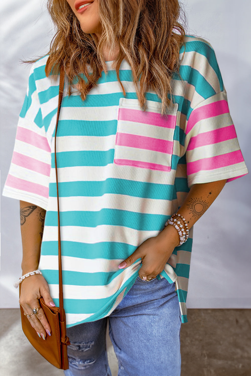 Stripe Patch Pocket Drop Sleeve Slits T Shirt