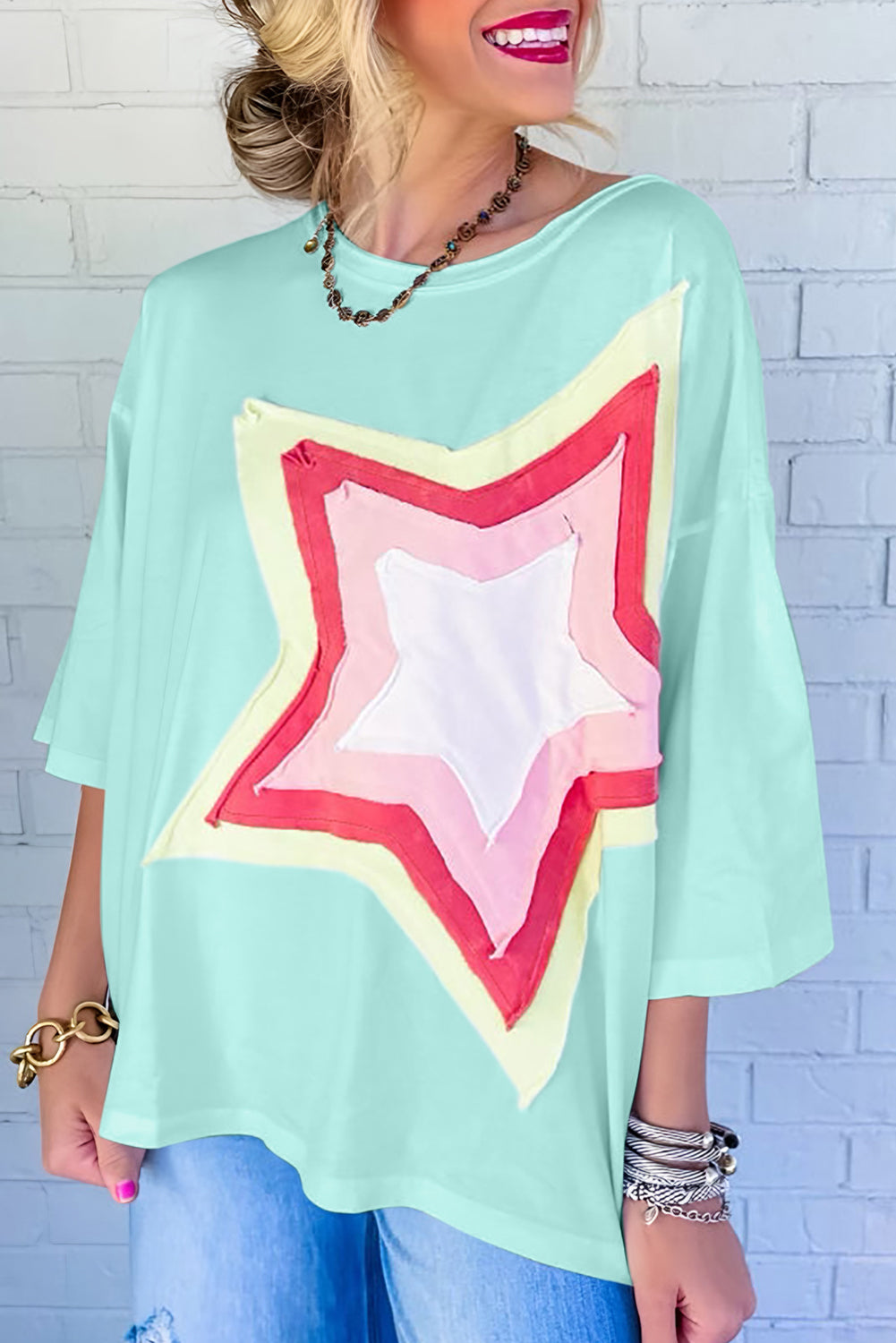 Moonlight Jade Colorblock Star Patched Half Sleeve Oversized Tee