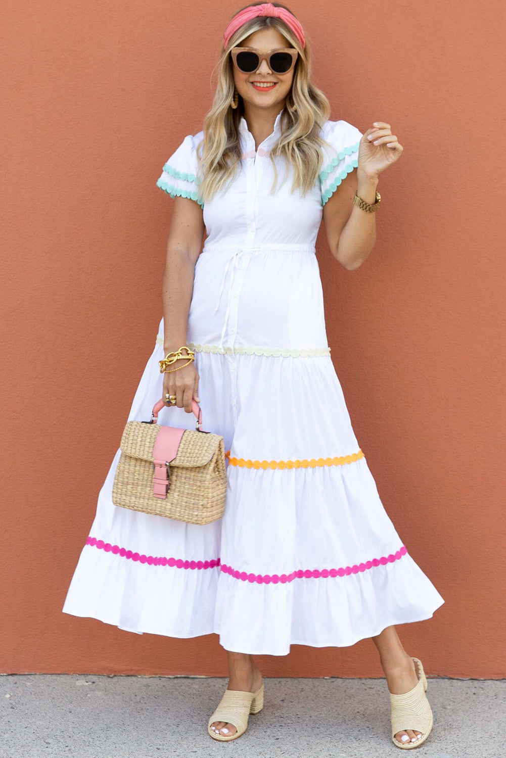 White High Waist Short Sleeve Tiered Shirt Dress