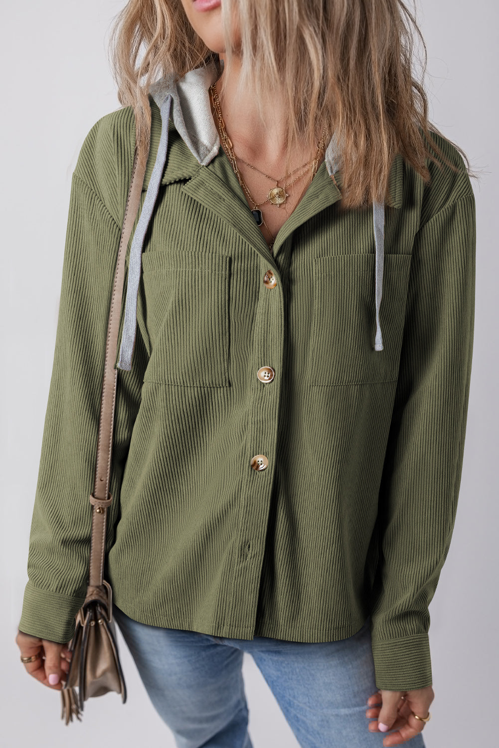 Moss Green Pockets Drawstring Hooded Corduroy Shacket