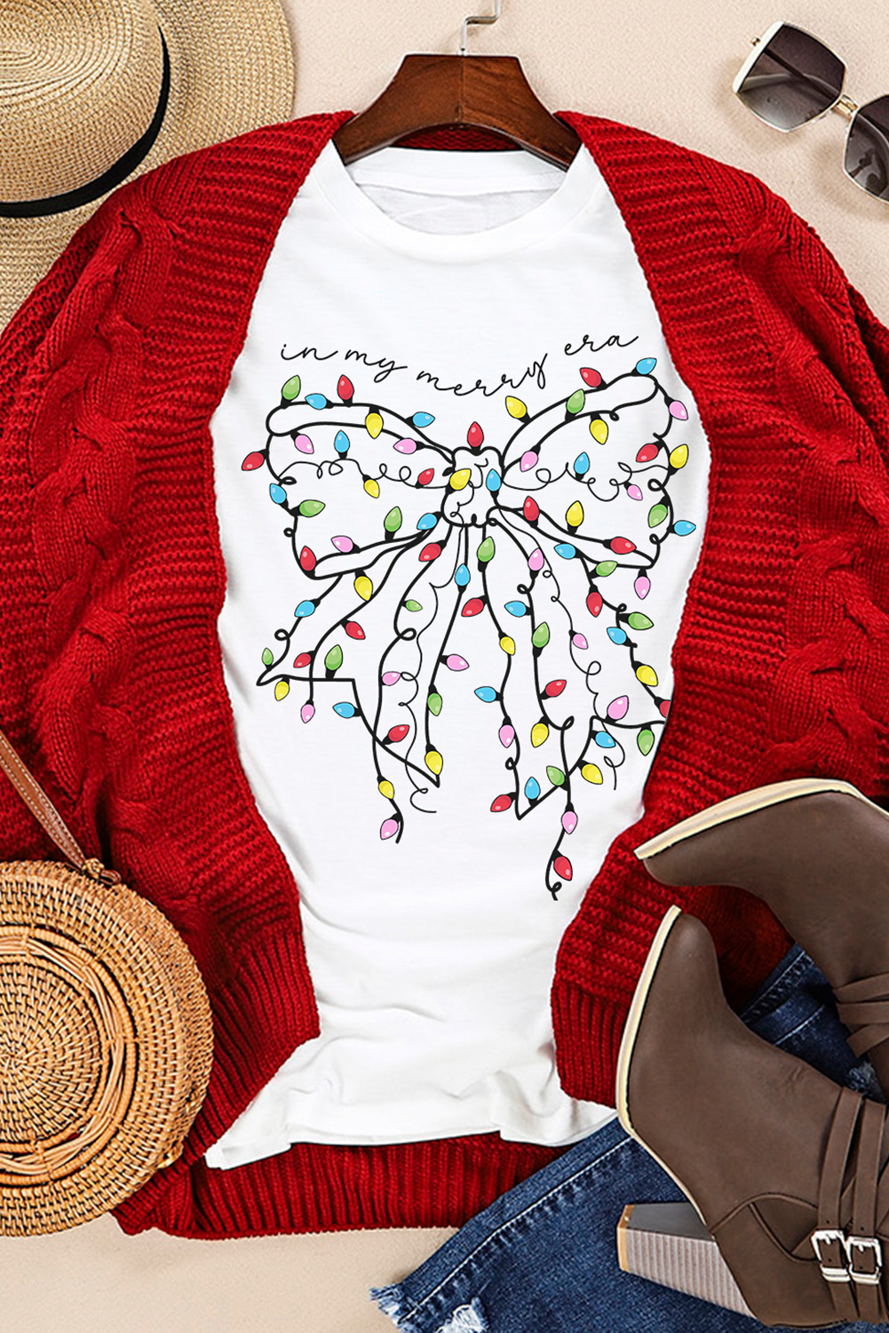 White Colorful Lights Bowknot Graphic T Shirt