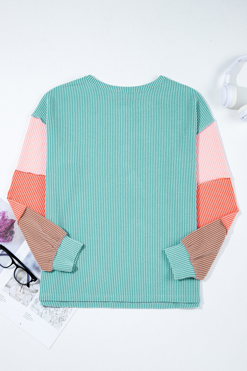 Multicolour Twisted Ribbed Colorblock Patchwork Henley Top