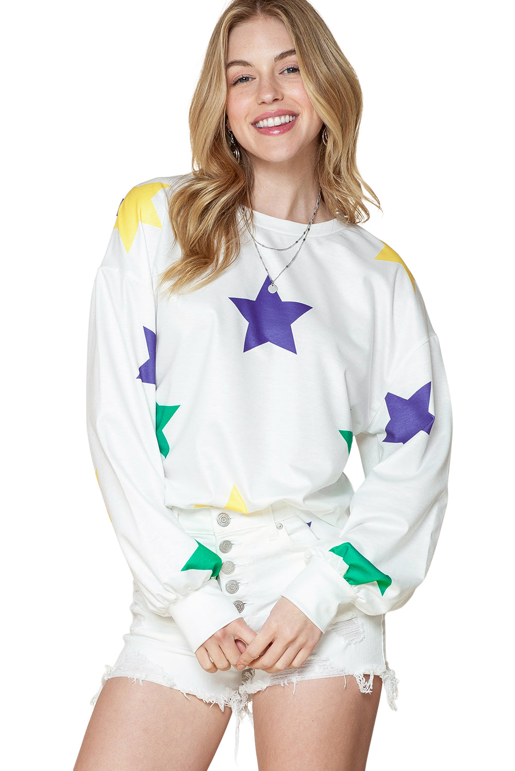 White Mardi Gras Star Print Long Sleeve Top