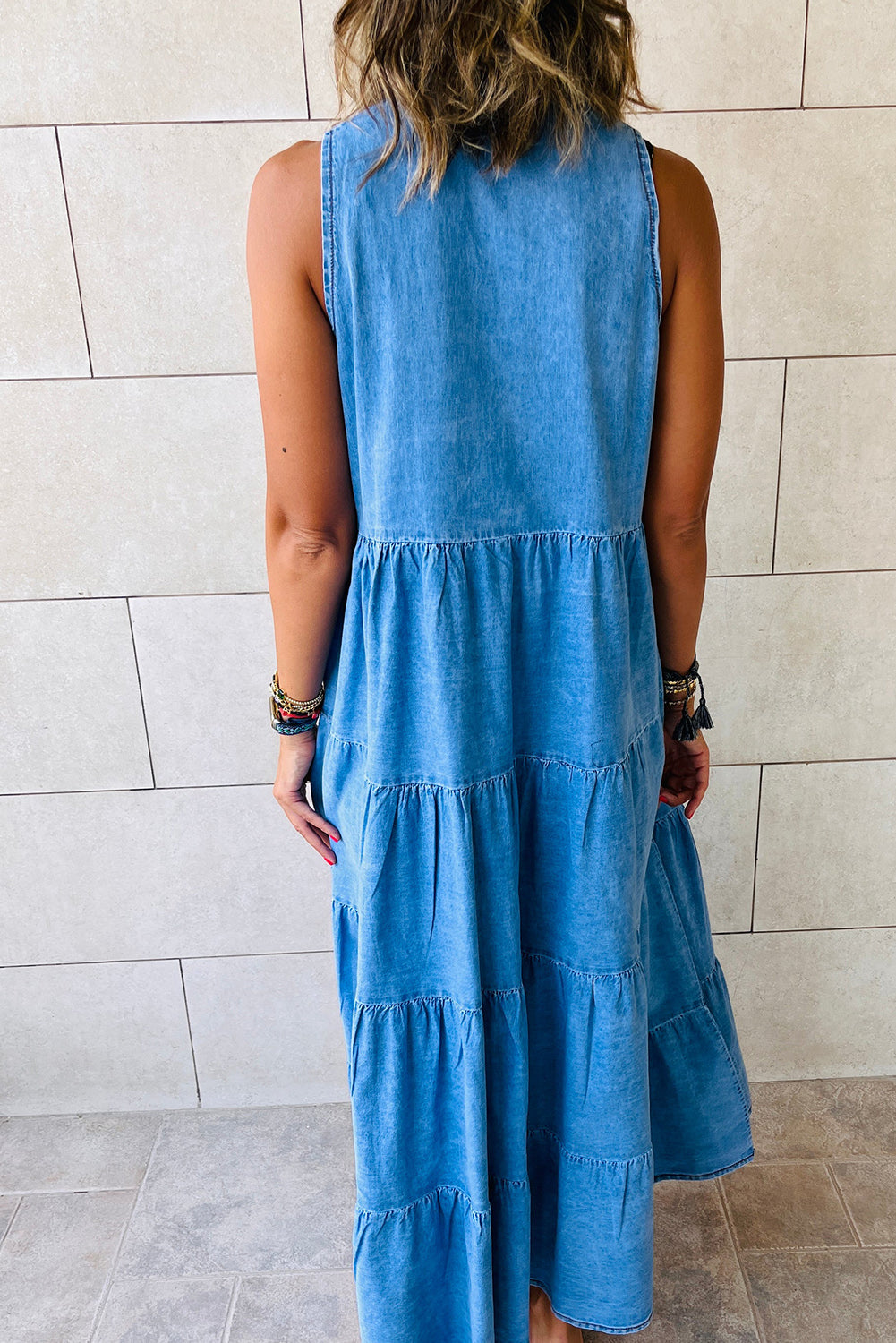 Denim Sleeveless Tiered Chambray Maxi Dress