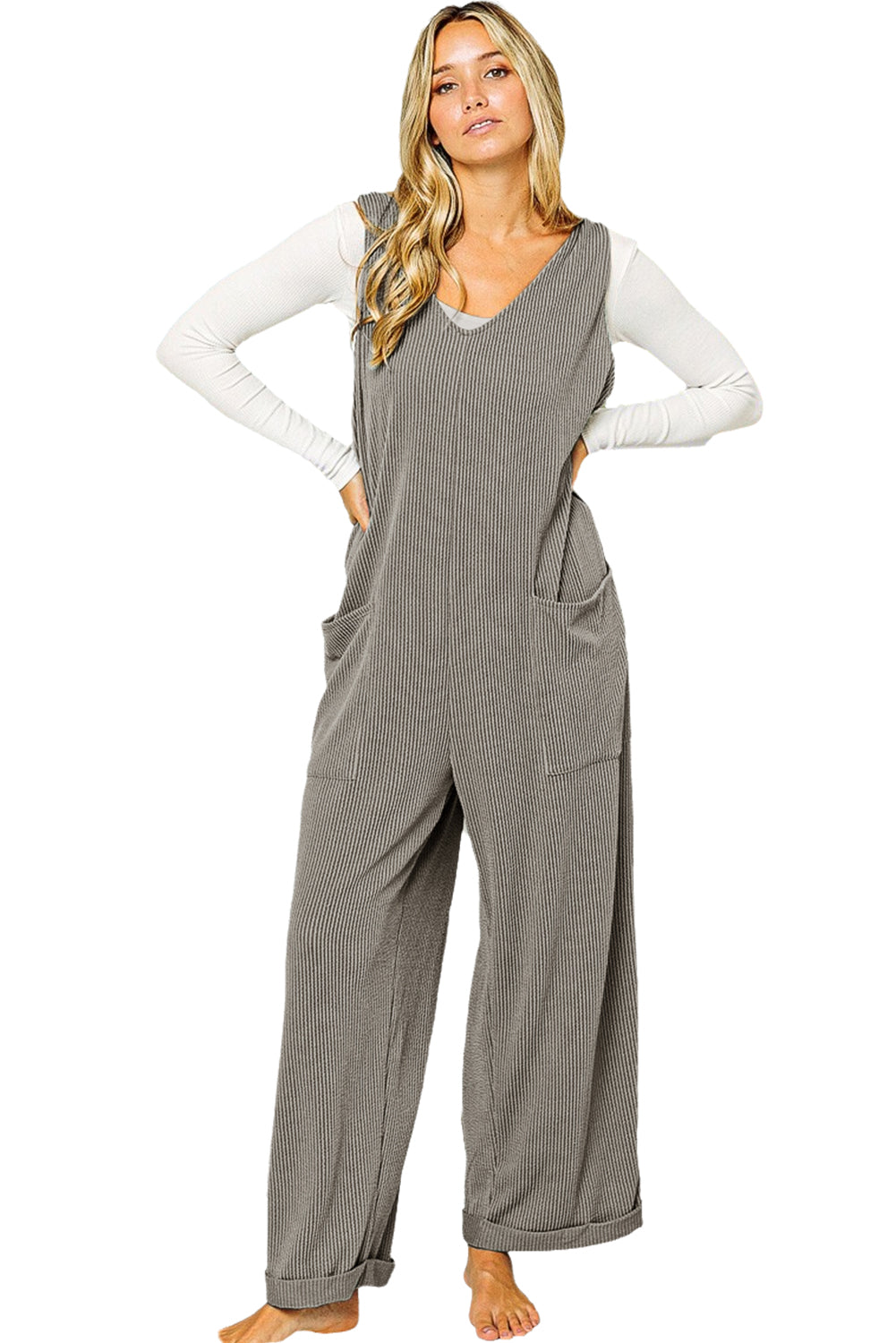 Green Pockets Oversized Ribbed Wide Leg Jumpsuit