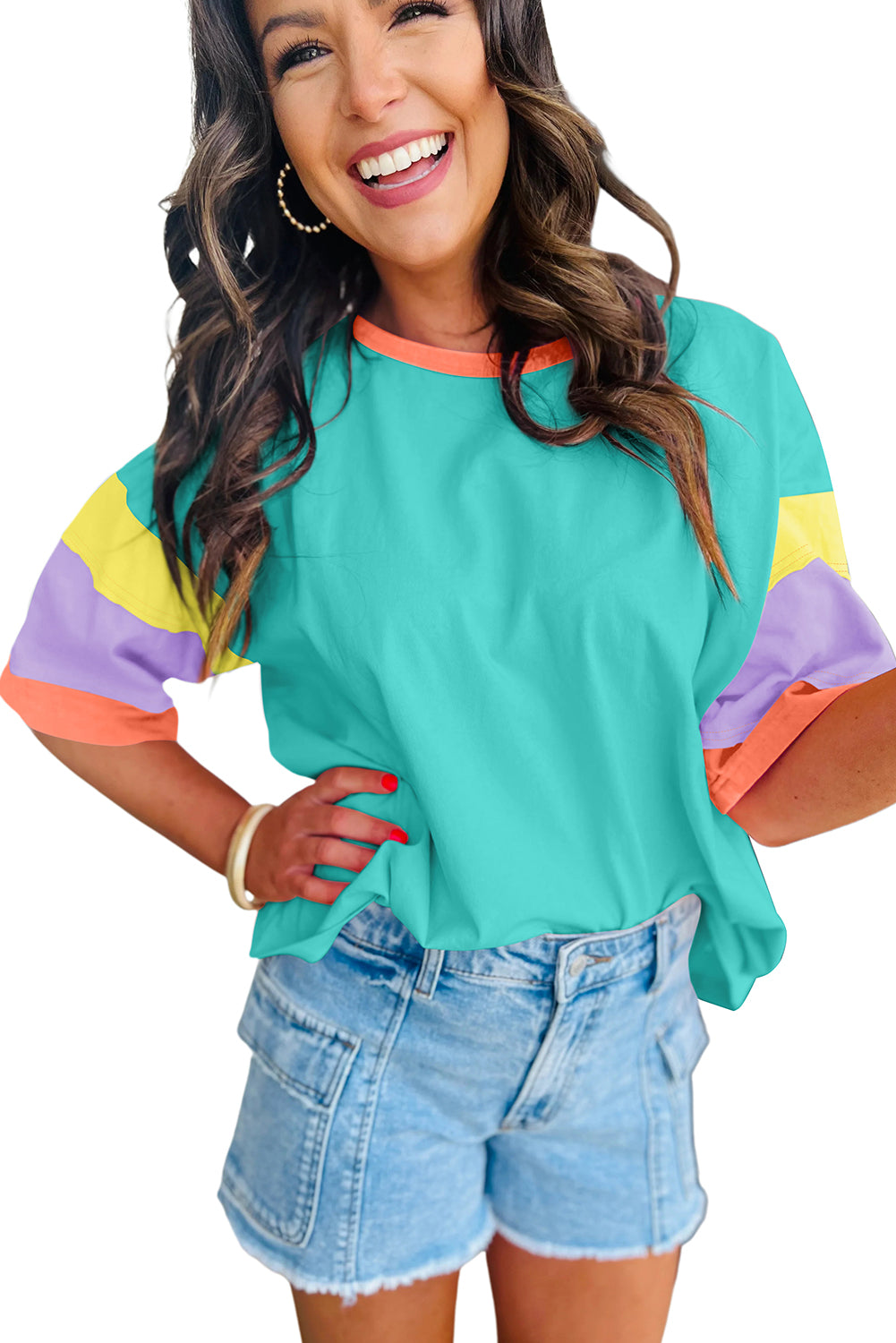 Color Block Sleeve Round Neck Oversize Top