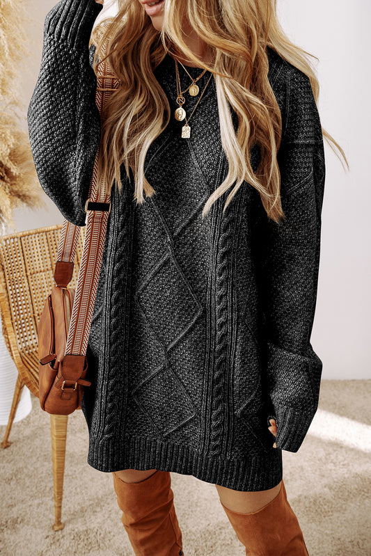 Black Twist Cable Knit Drop Shoulder Loose Fit Sweater Dress