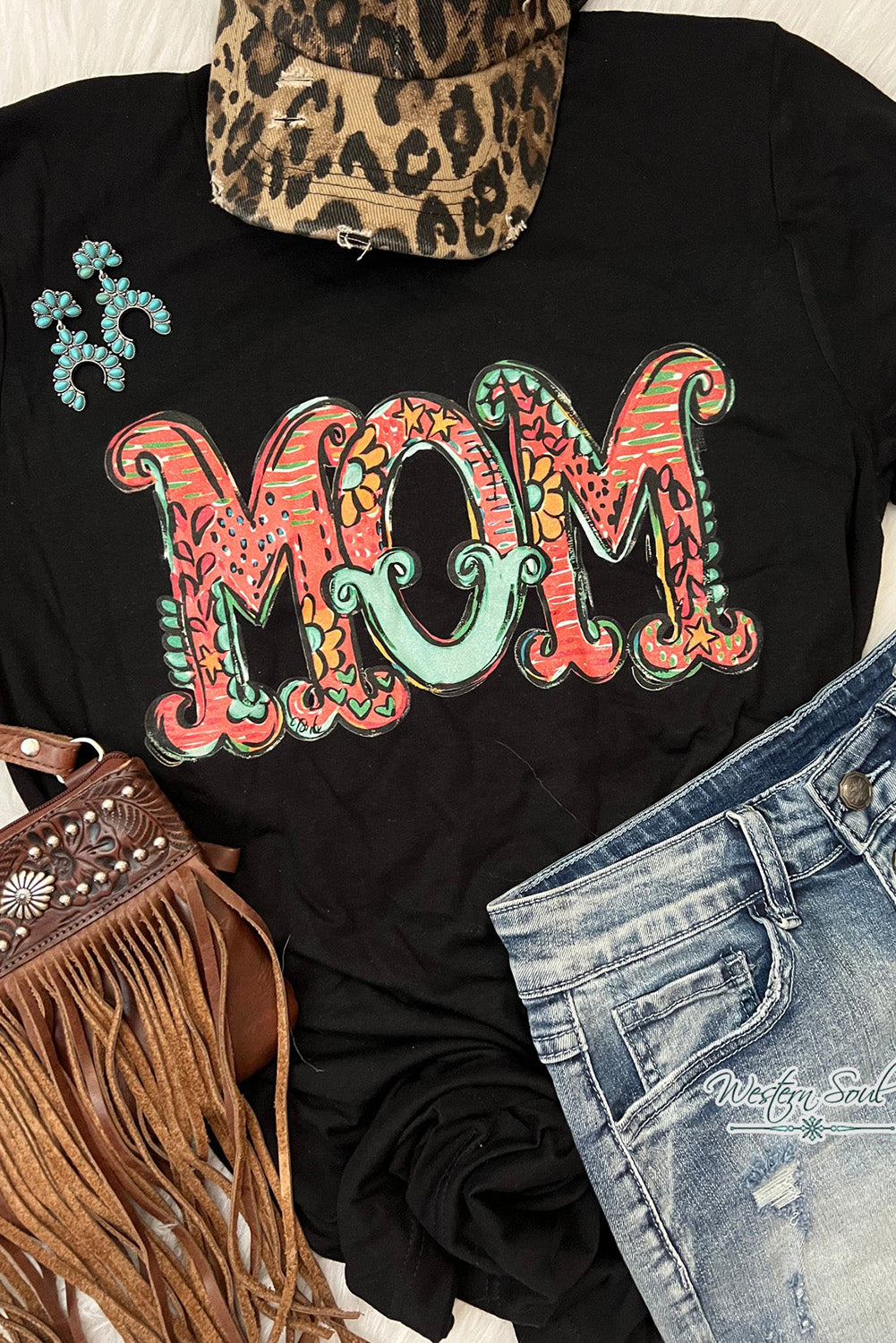 Black Floral MOM Graphic Round Neck T Shirt