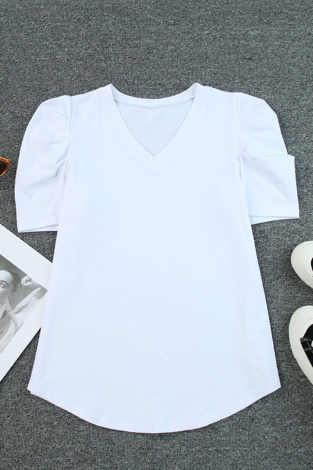 Black Puff Sleeve Casual V Neck T-Shirt