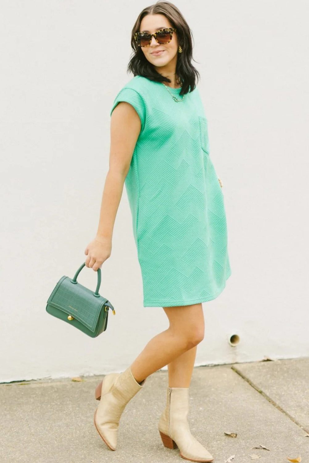 Mint Green Plain Textured Pocketed Mini Dress