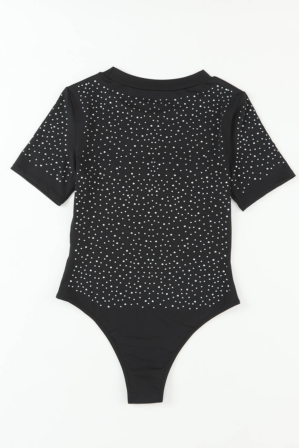 Black Rhinestone Allover Round Neck Short Sleeve Bodysuit