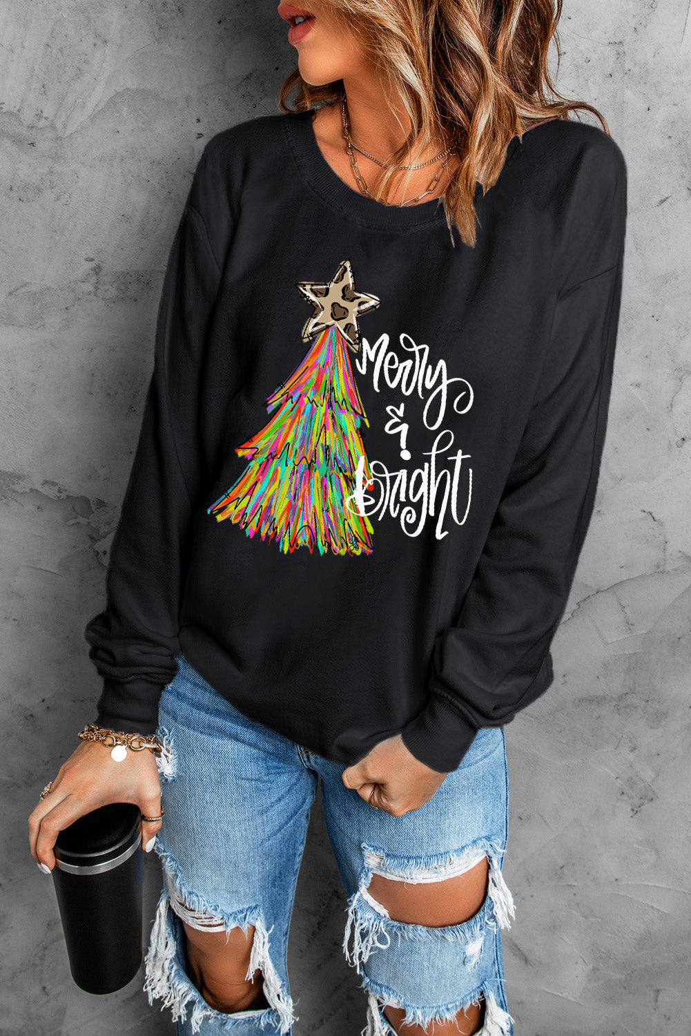 Black Merry Bright Christmas Tree Graphic Sweatshirt