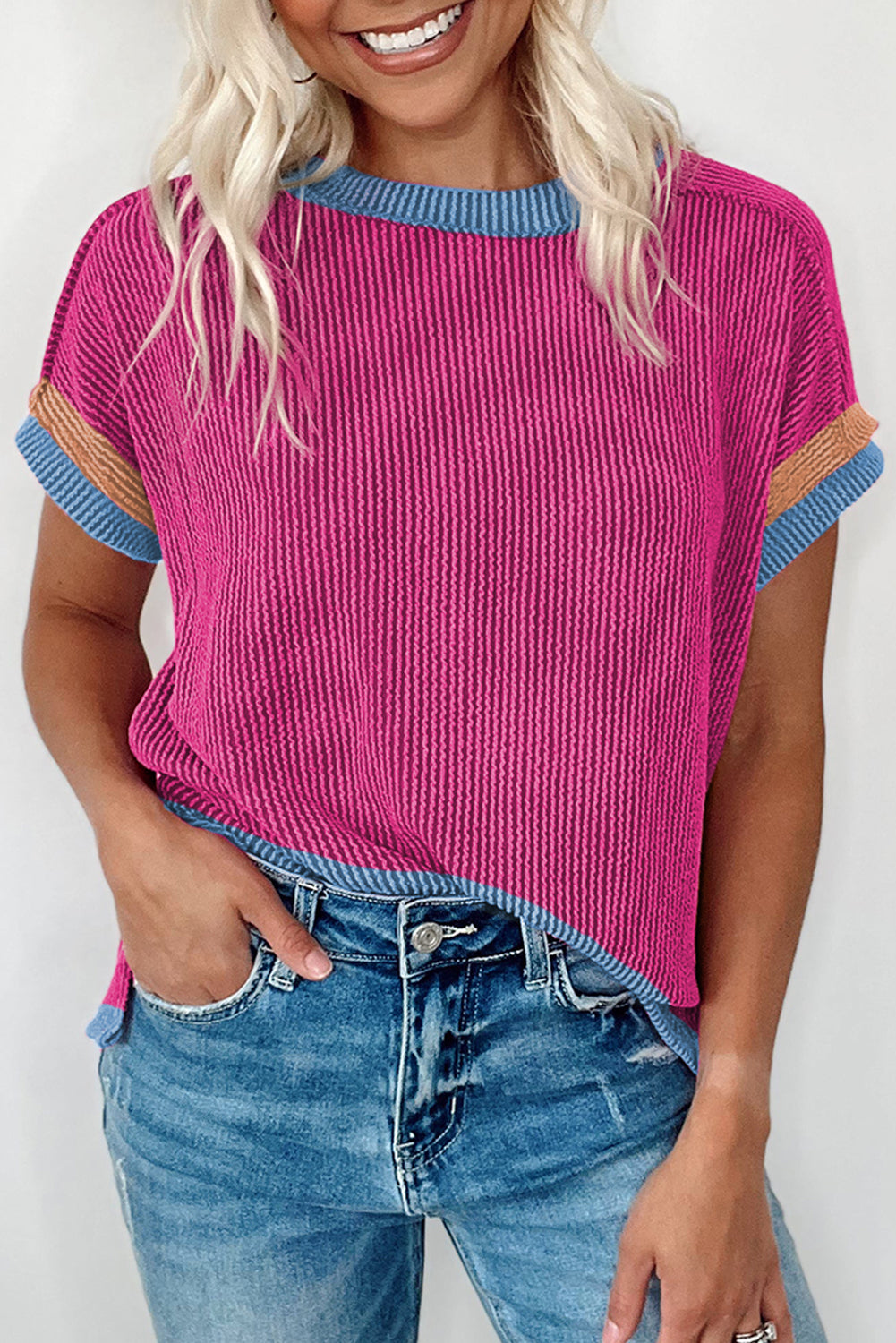 Light Pink Textured Colorblock Round Neck T Shirt