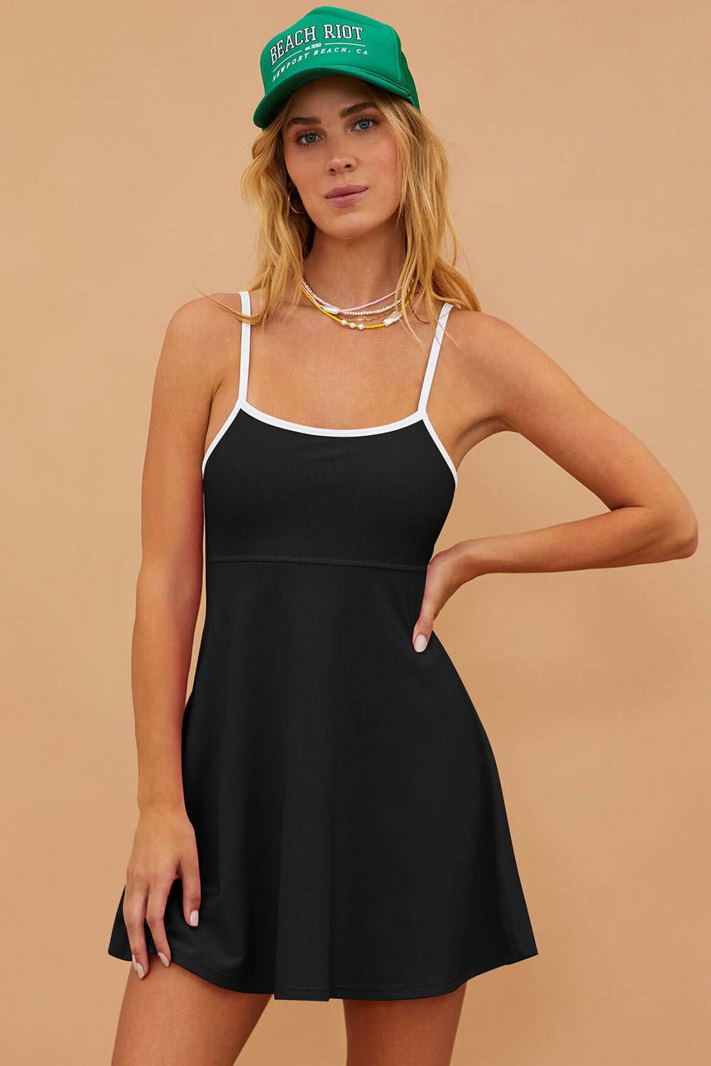 Black Sporty Ribbed Spaghetti Straps Swim Dress