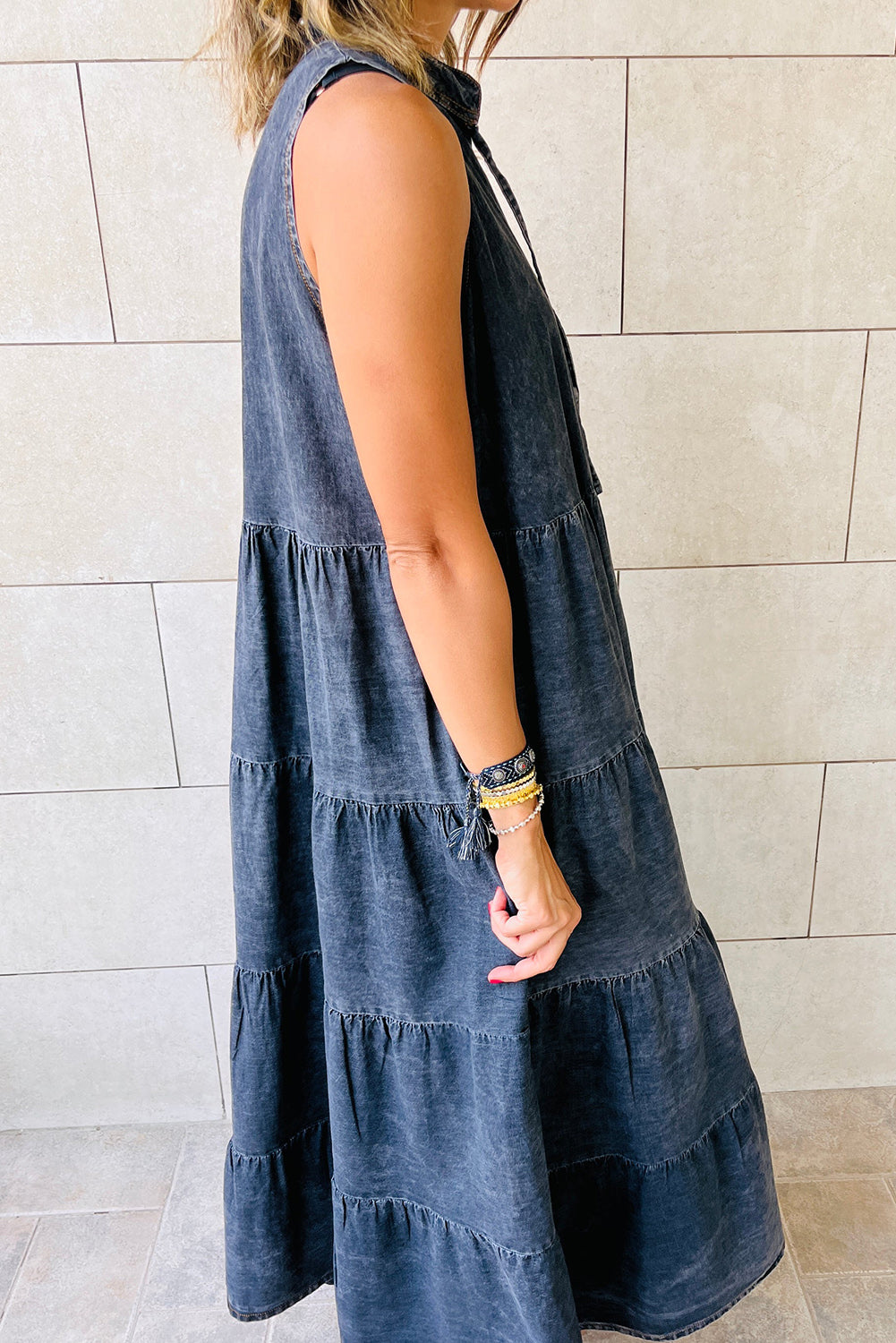 Denim Sleeveless Tiered Chambray Maxi Dress