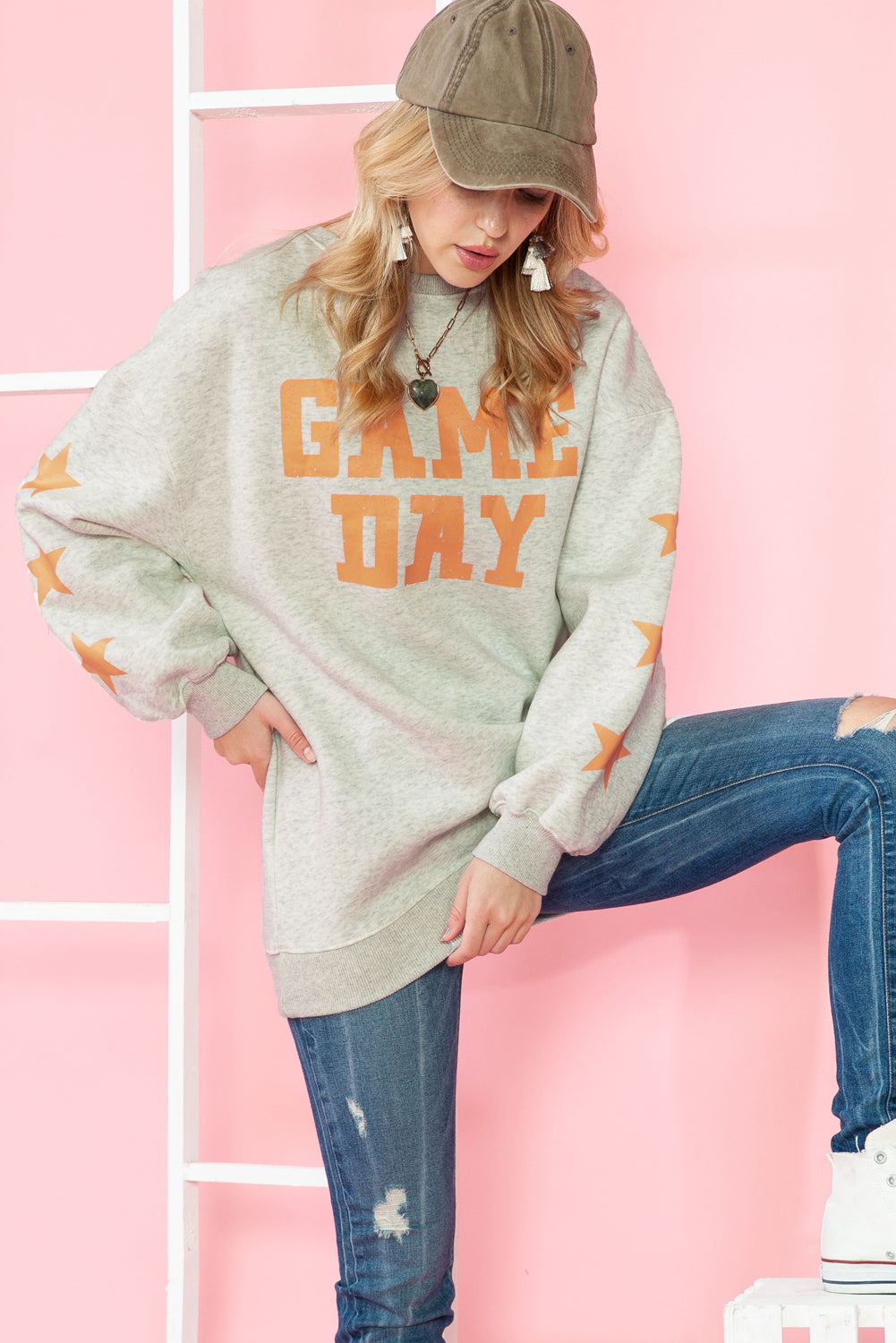 Orange Lettering Game Day Print Star Sleeve Sweatshirt