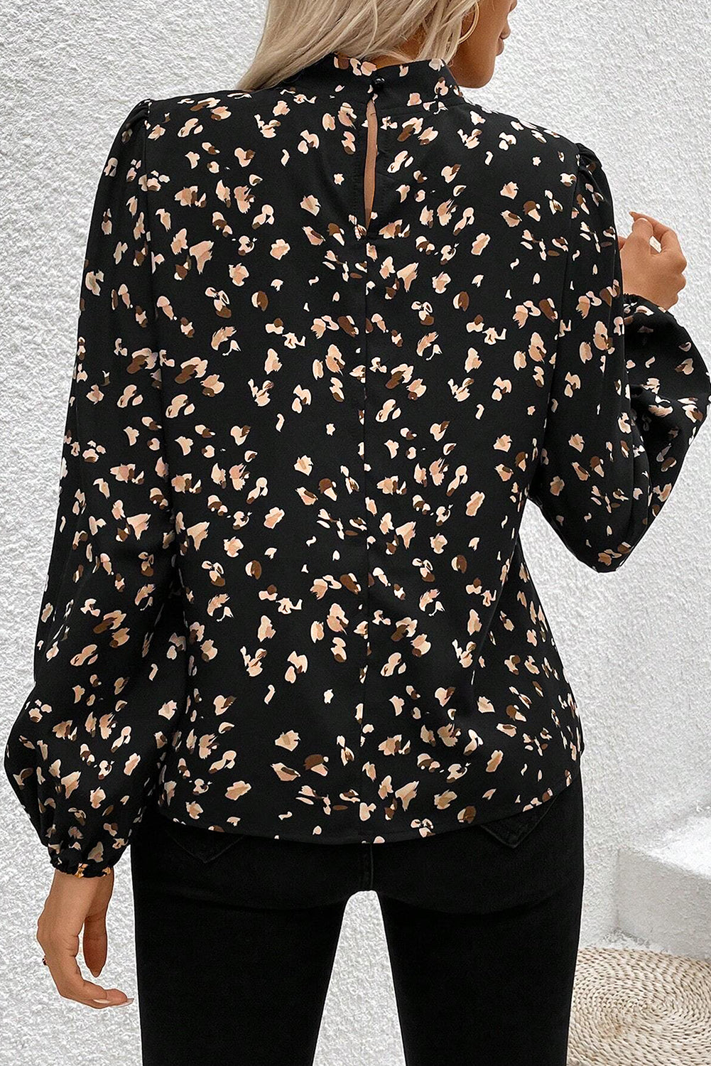 Black Leopard Print Puff Sleeve Mock Neck Pleated Blouse