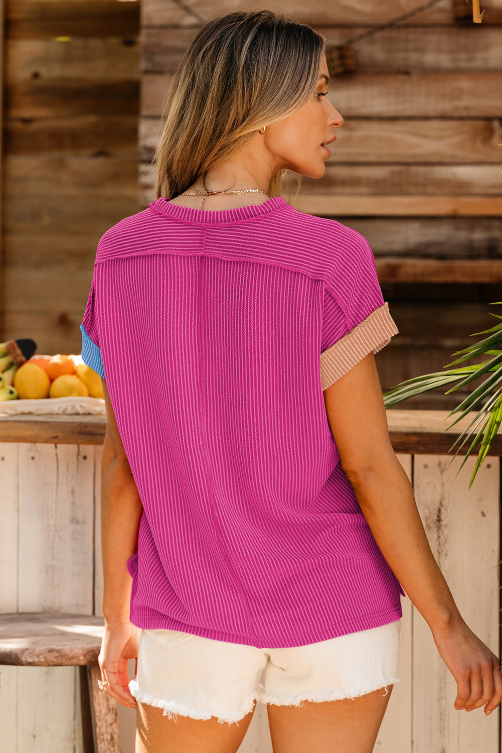 Pink Textured Colorblock Round Neck T Shirt