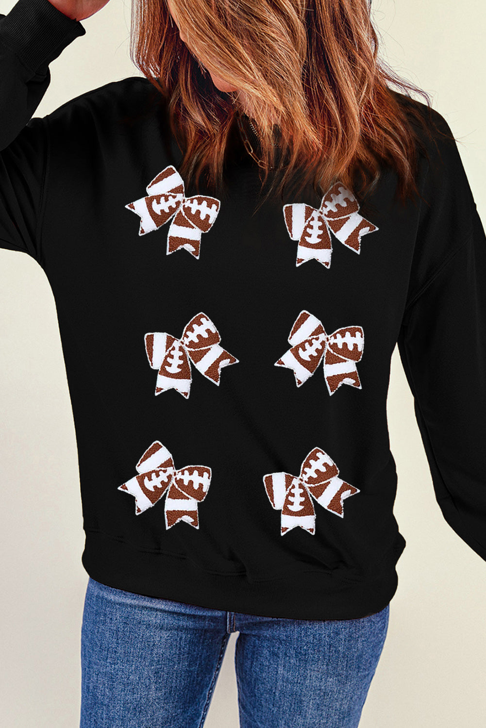 Black Football Bow Knot Graphic Crew Neck Sweatshirt